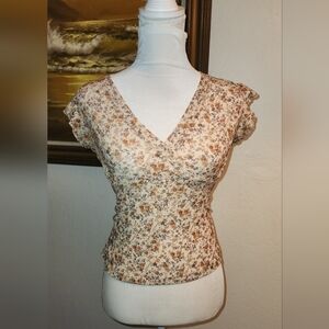 Yellow Floral V-neck Stretchy Short Sleeve Top